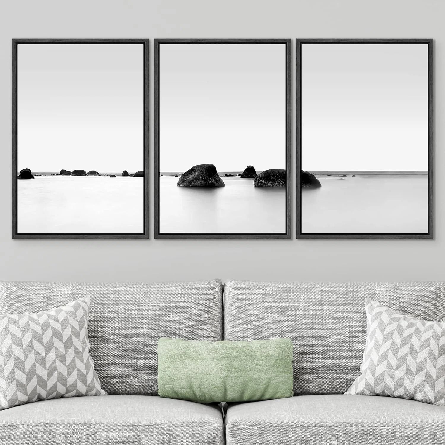 Framed Canvas Print Wall Art Set Black and White Rocky Lake Zen Seascape 1 thumbnail 3
