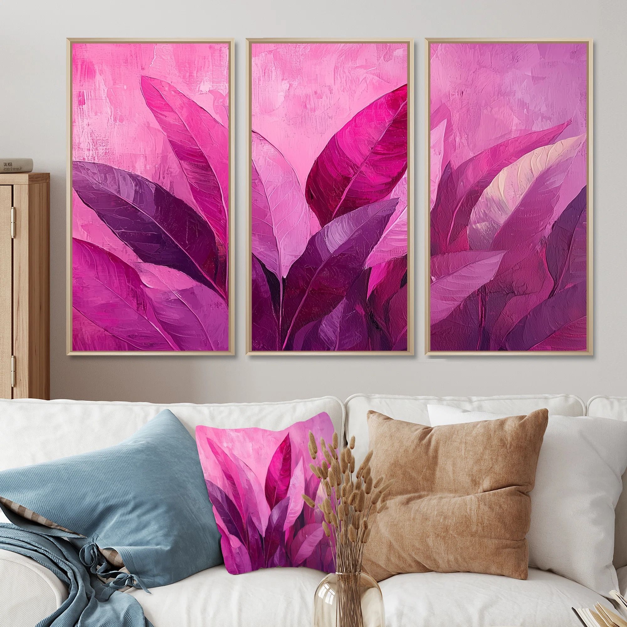 Magenta Leaves Blosoom II Leaves Wall Art Set Of 3- 40"x60" thumbnail 2
