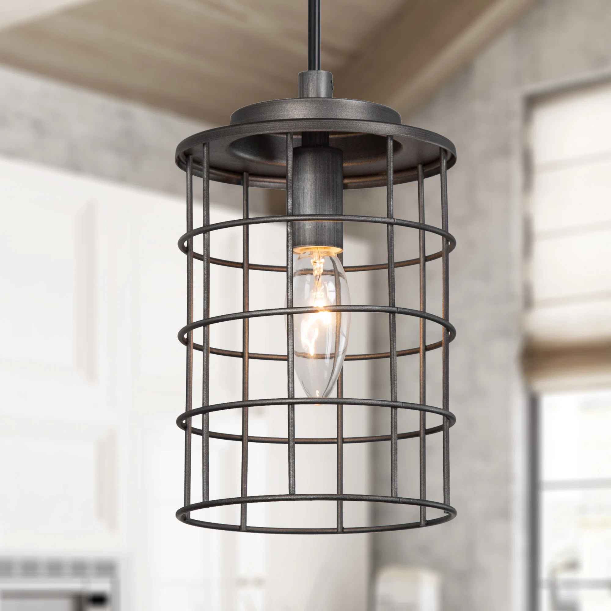 Brushed Grey Single Cylinder Cage Pendant thumbnail 6