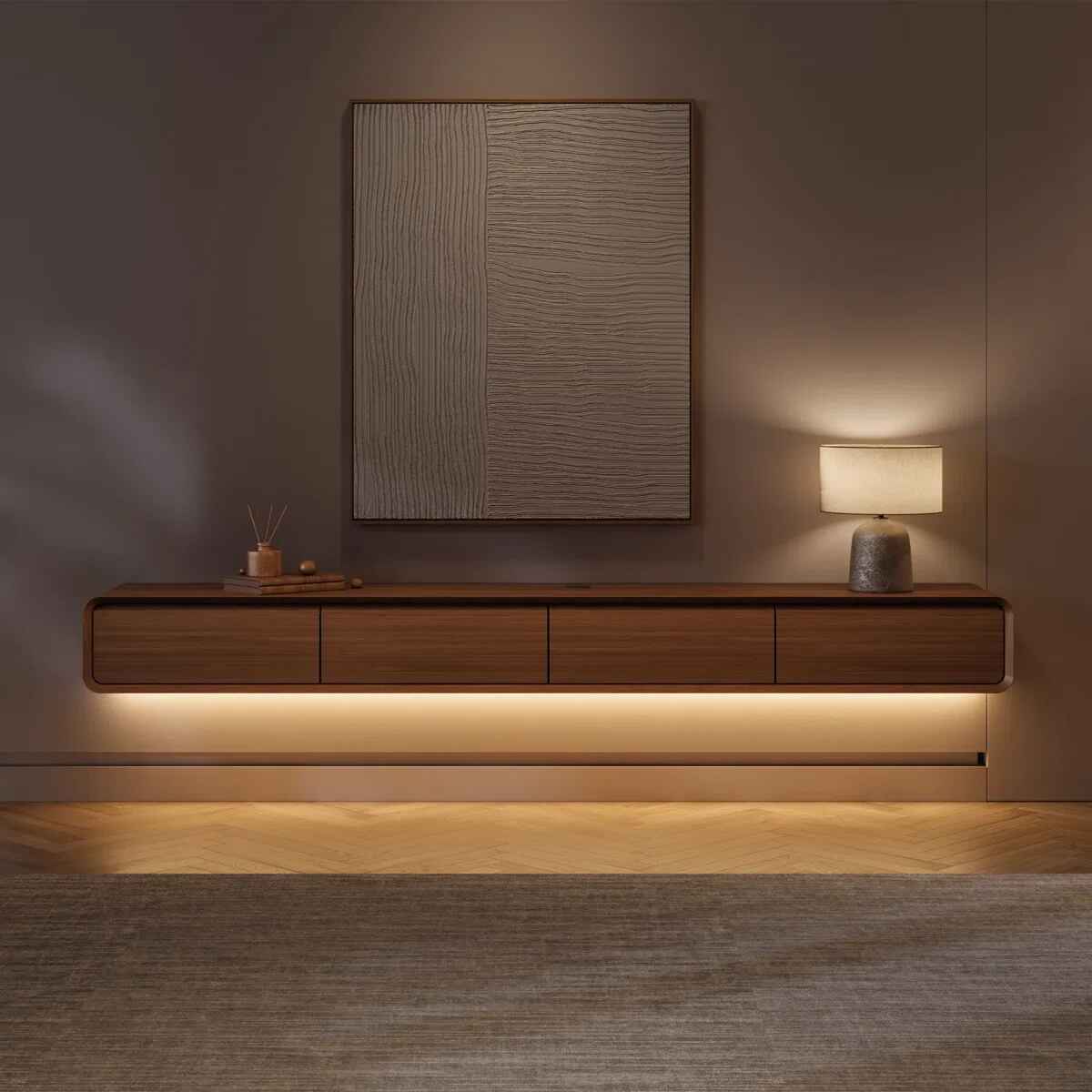 Floating TV Stand Entertainment Center With LED Light Solid Wood Fully Assembled thumbnail 2