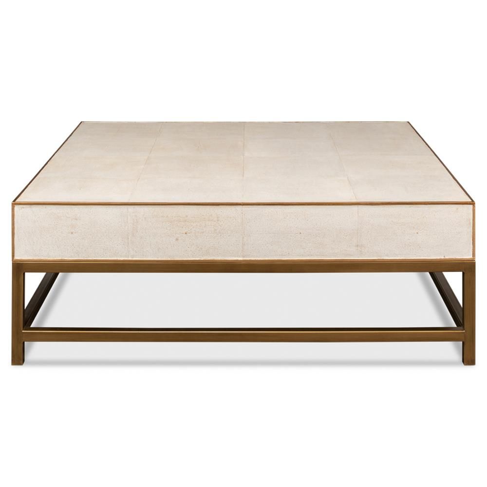 George Regency Off White Shagreen Gold Leather Square Storage Coffee Table thumbnail 2