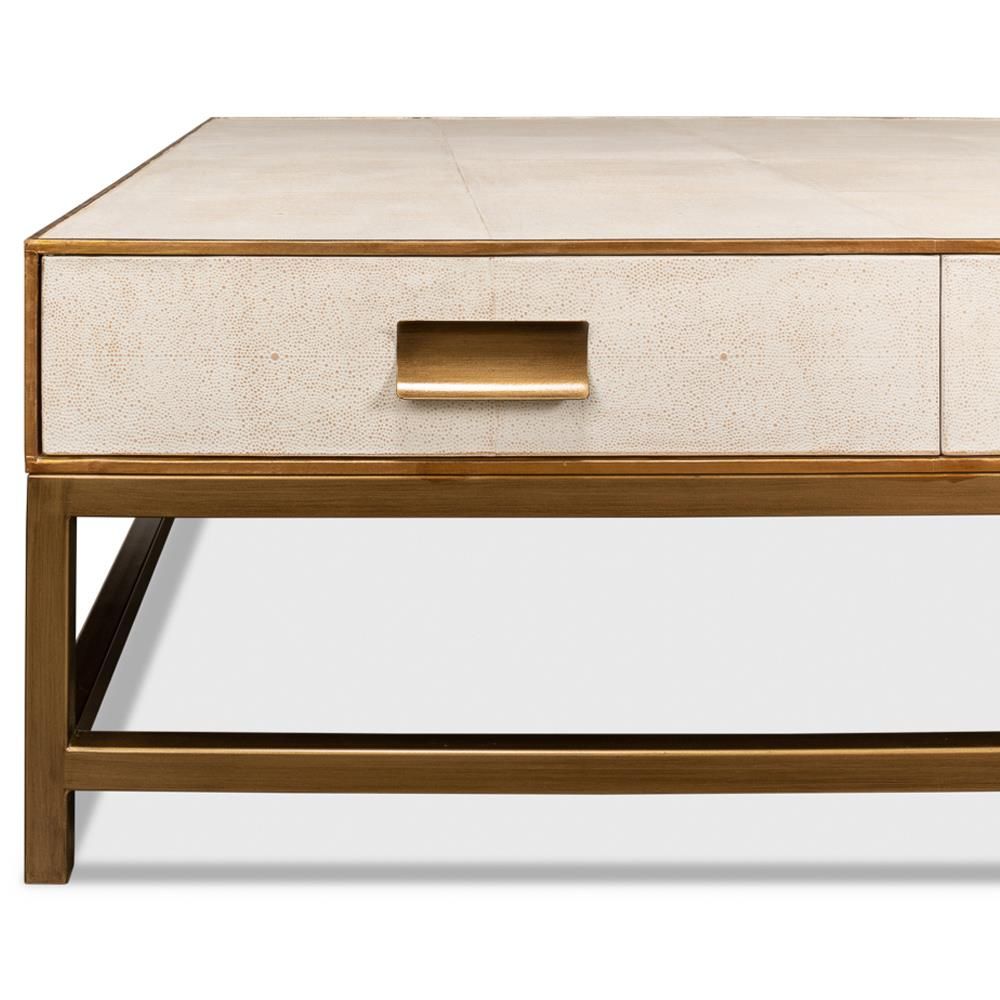 George Regency Off White Shagreen Gold Leather Square Storage Coffee Table thumbnail 3