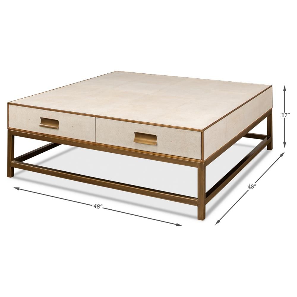 George Regency Off White Shagreen Gold Leather Square Storage Coffee Table thumbnail 4
