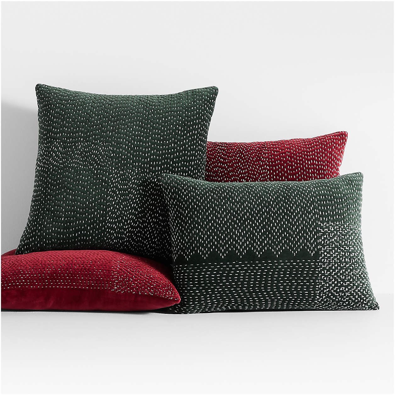 Sashiko Organic Cotton Velvet Spruce Green Throw Pillow Cover-22"x15" thumbnail 2