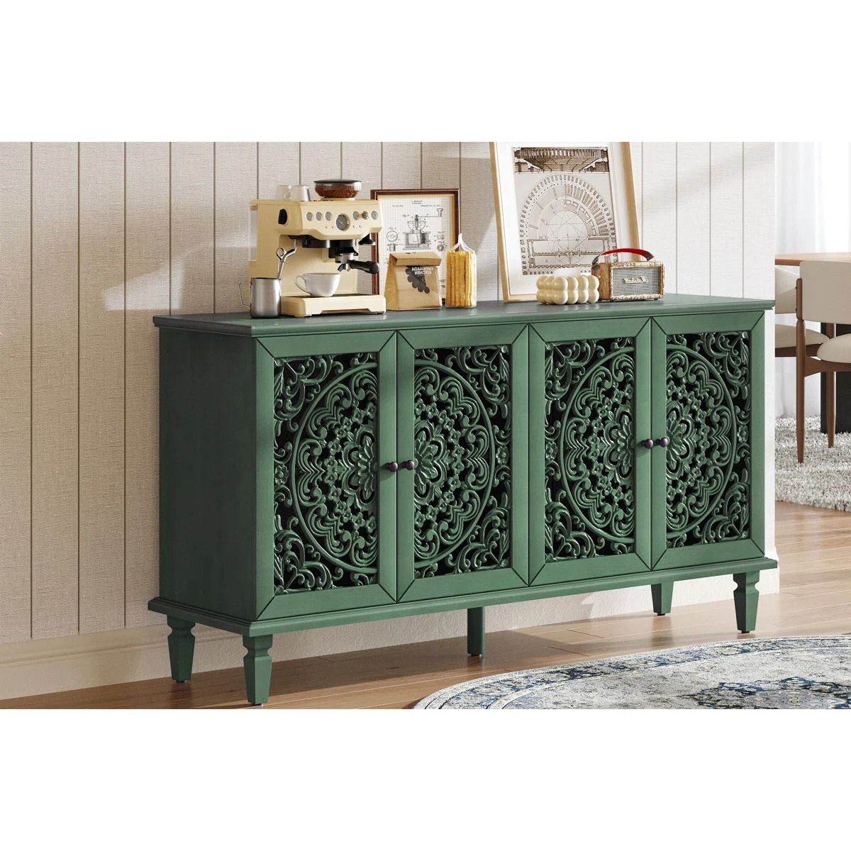 Antique Buffet Cabinet With Floral Carvings  thumbnail 2