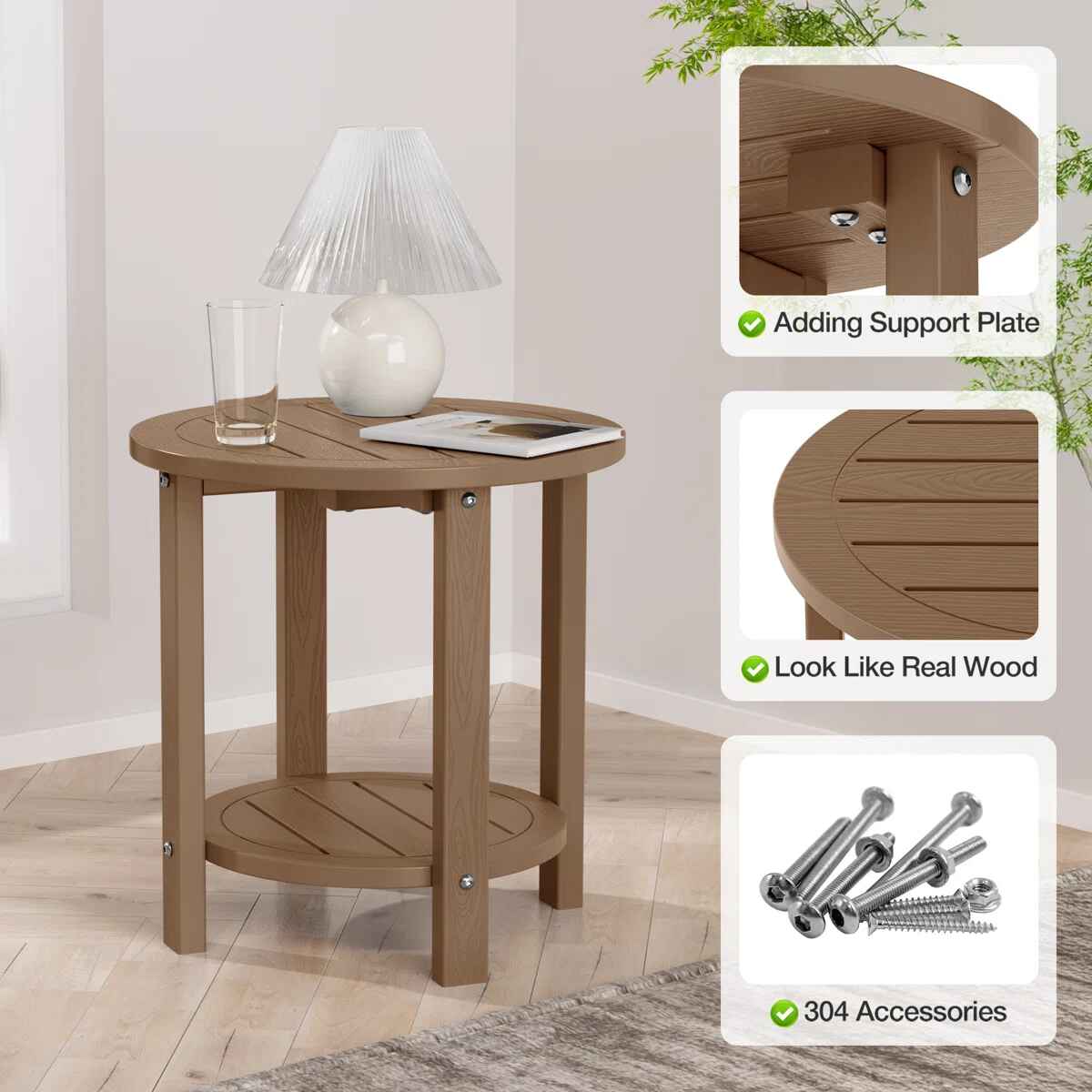 16" Round Outdoor Patio Side Table with Storage Shelf-Set of 2 thumbnail 4