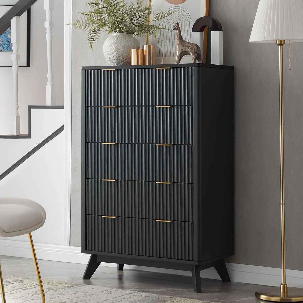 Siyuan Fluted Design 5 Drawers Dresser Organizer Wood Tall Chest of Drawers thumbnail 2