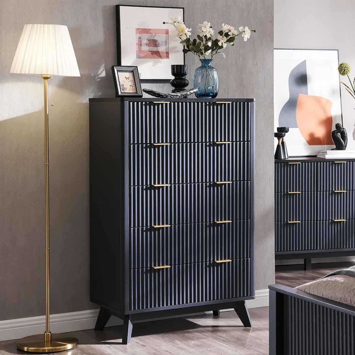 Siyuan Fluted Design 5 Drawers Dresser Organizer Wood Tall Chest of Drawers thumbnail 3