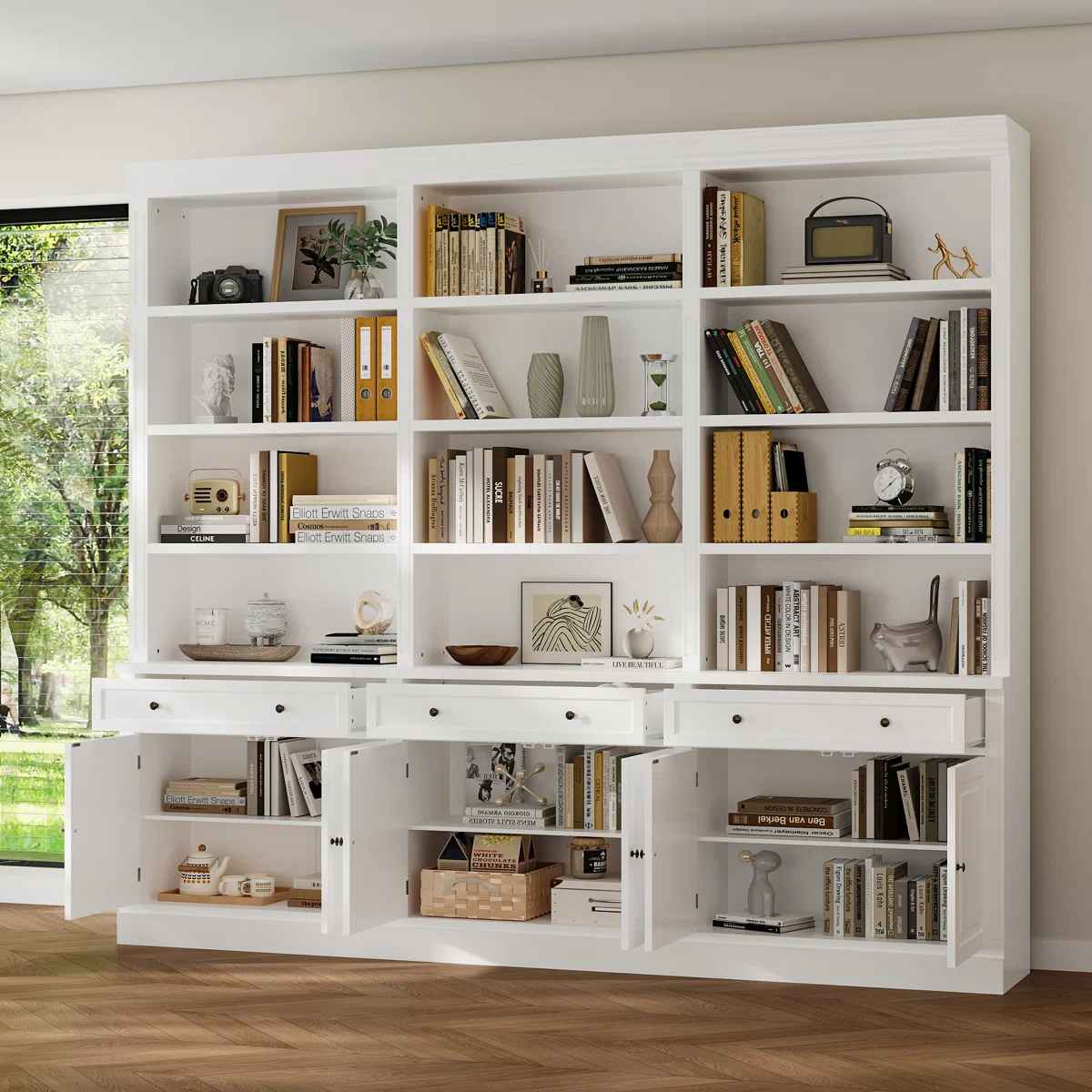 Elegant 2 Meter Large Capacity White Bookcase With Drawers And Doors thumbnail 2