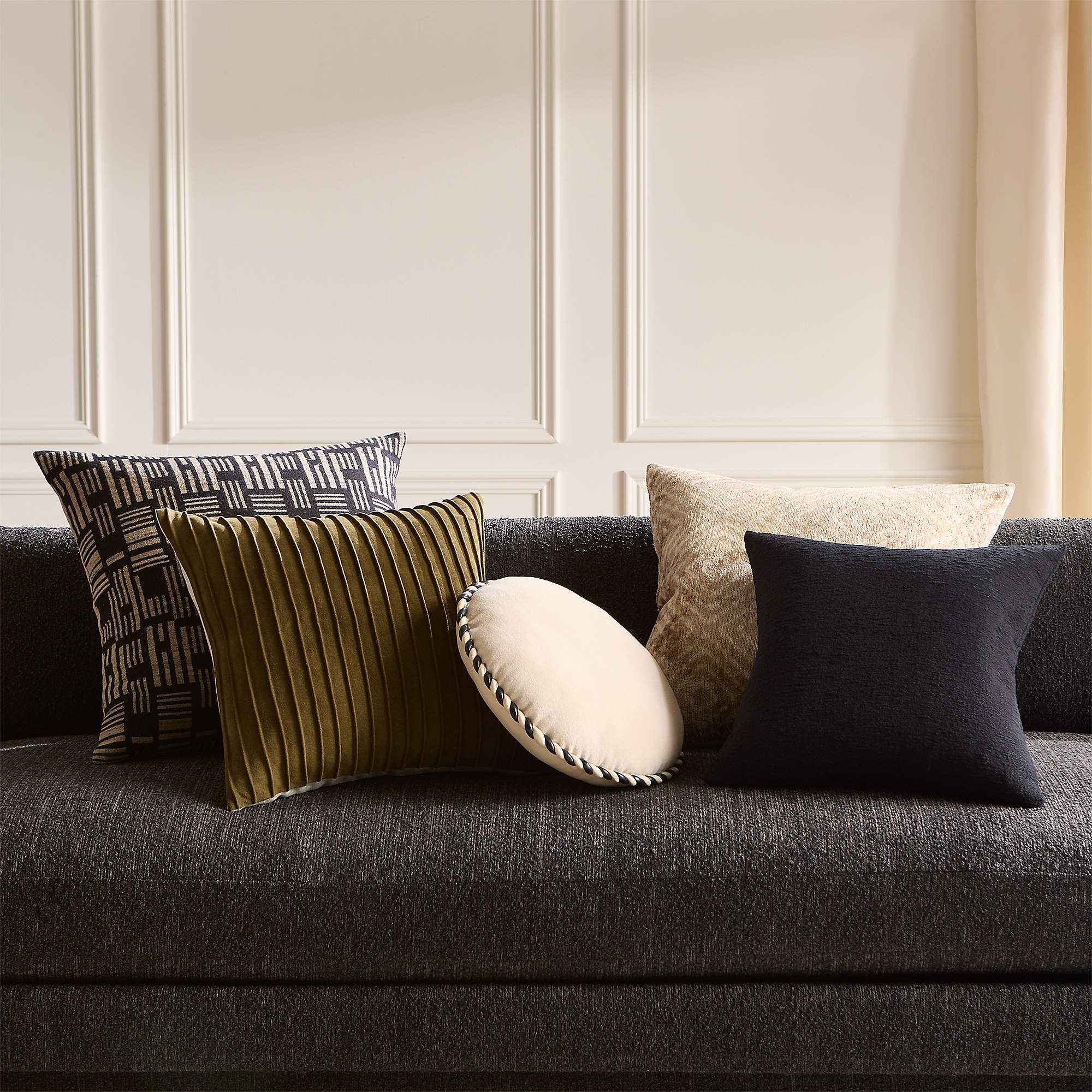 Gathered Olive Green Suede Throw Pillow thumbnail 2