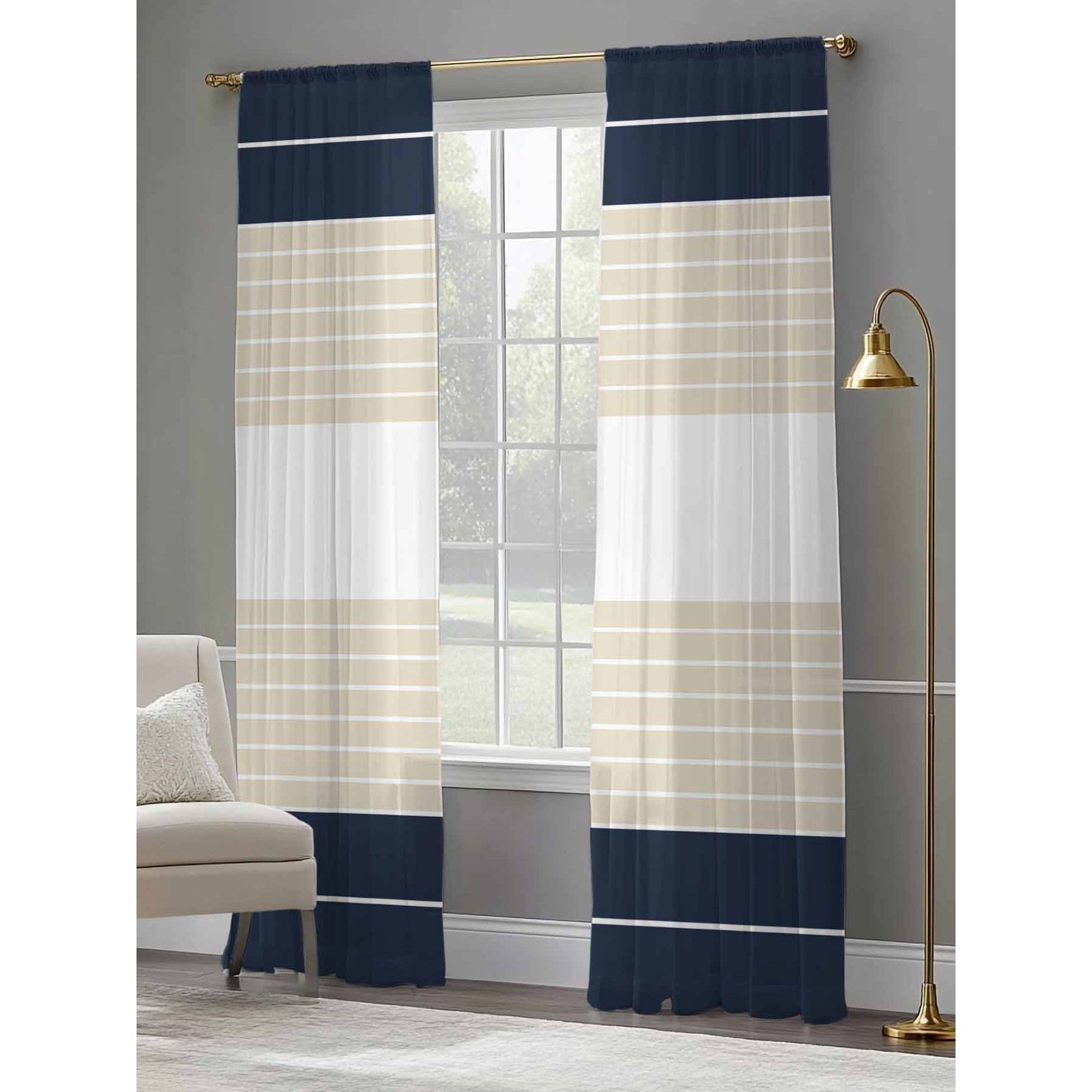 Navy Blue Beige Stripe Sheer Curtains Modern Art Horizontal Striped Sheer Curtains thumbnail 2