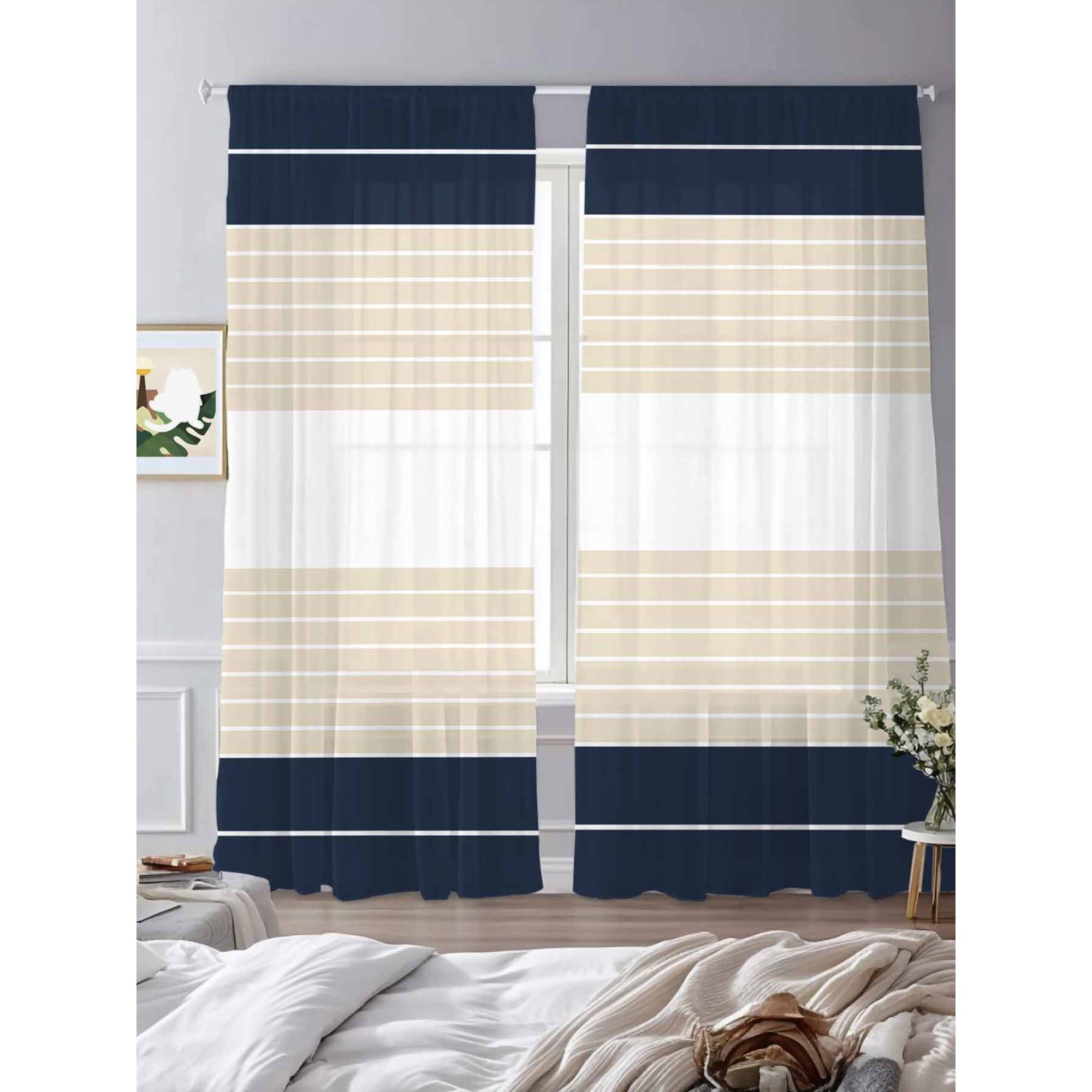 Navy Blue Beige Stripe Sheer Curtains Modern Art Horizontal Striped Sheer Curtains thumbnail 3