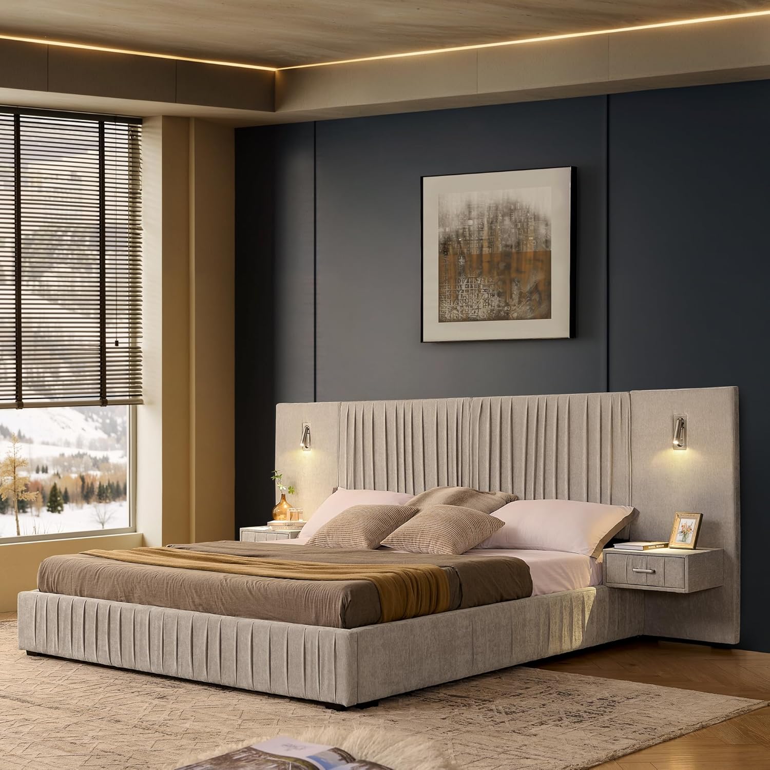 Luxury King Size Bed Frame with Oversized Upholstered Headboard thumbnail 2