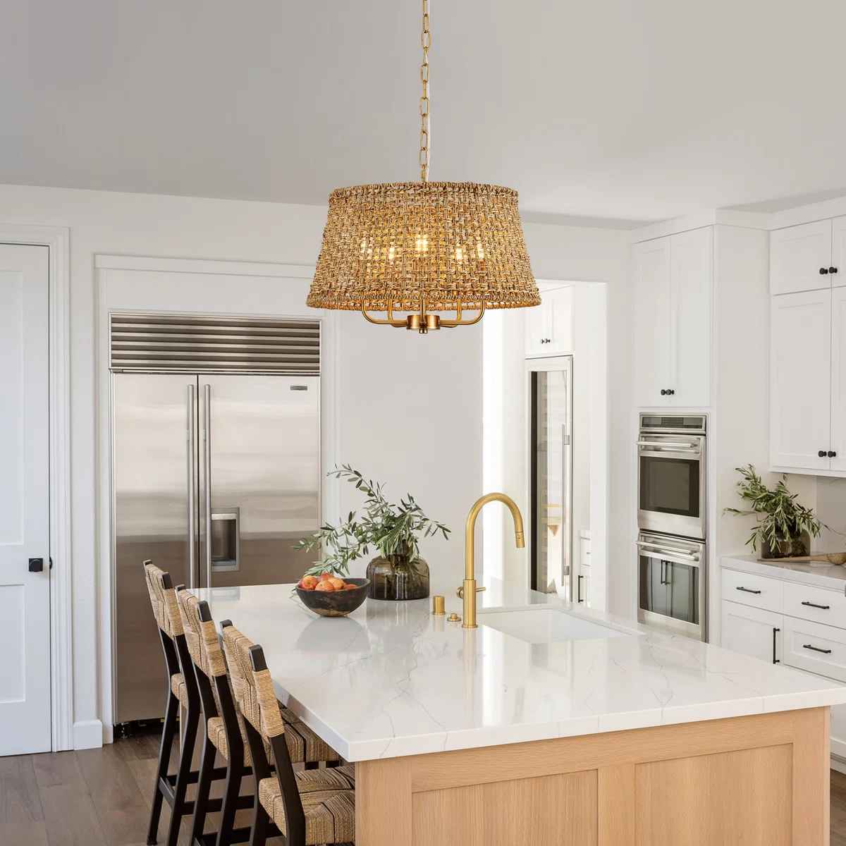 5 light Boho Farmhouse Hand-woven Rattan Chandelier thumbnail 2