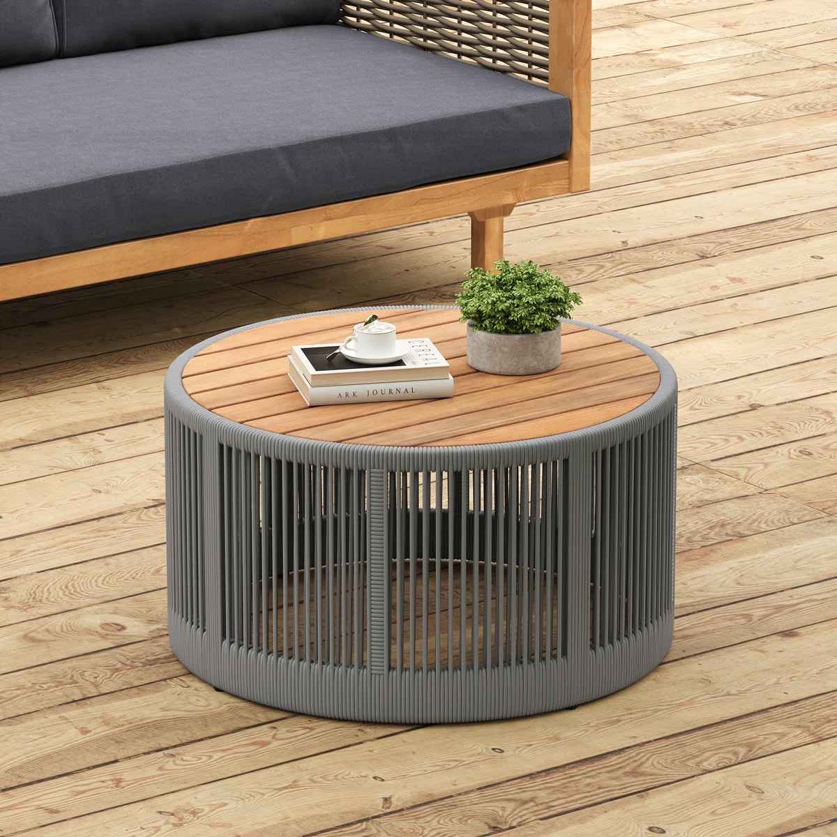 Outdoor Rattan Rope and Acacia Wood Coffee Table thumbnail 2