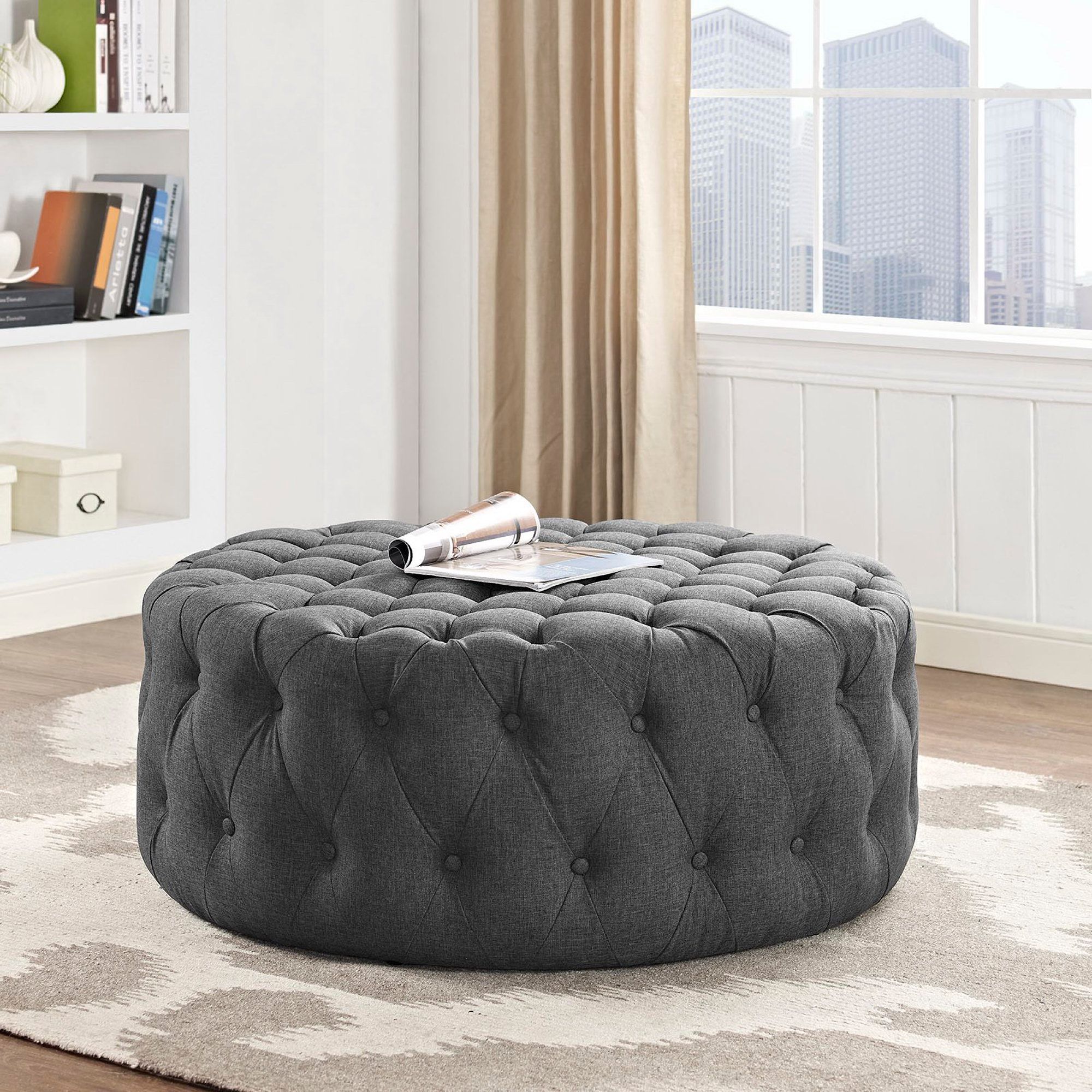 Tufted Round Fabric Ottoman thumbnail 4