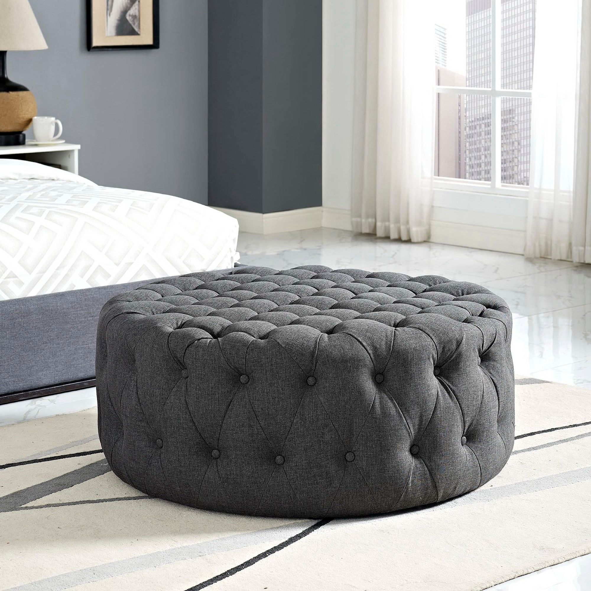 Tufted Round Fabric Ottoman thumbnail 5