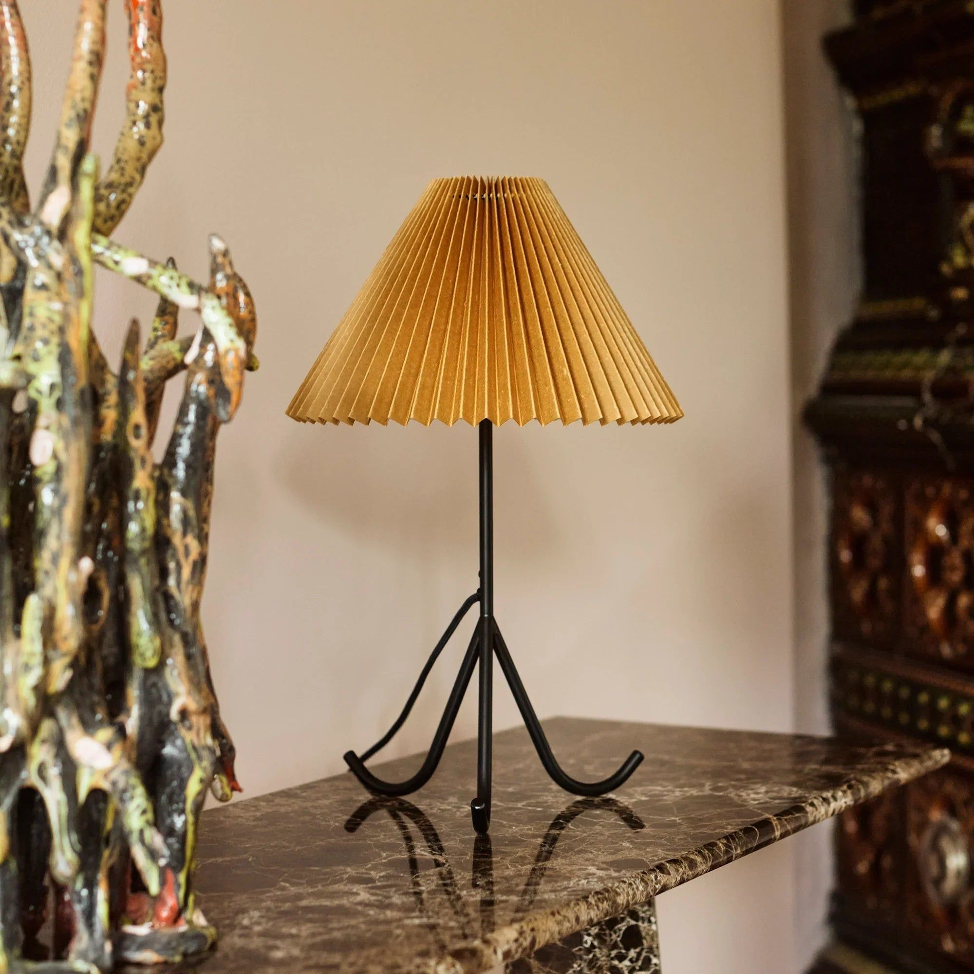 Mustard Pleated Paper Table Lamp – Black Tripod Base thumbnail 3