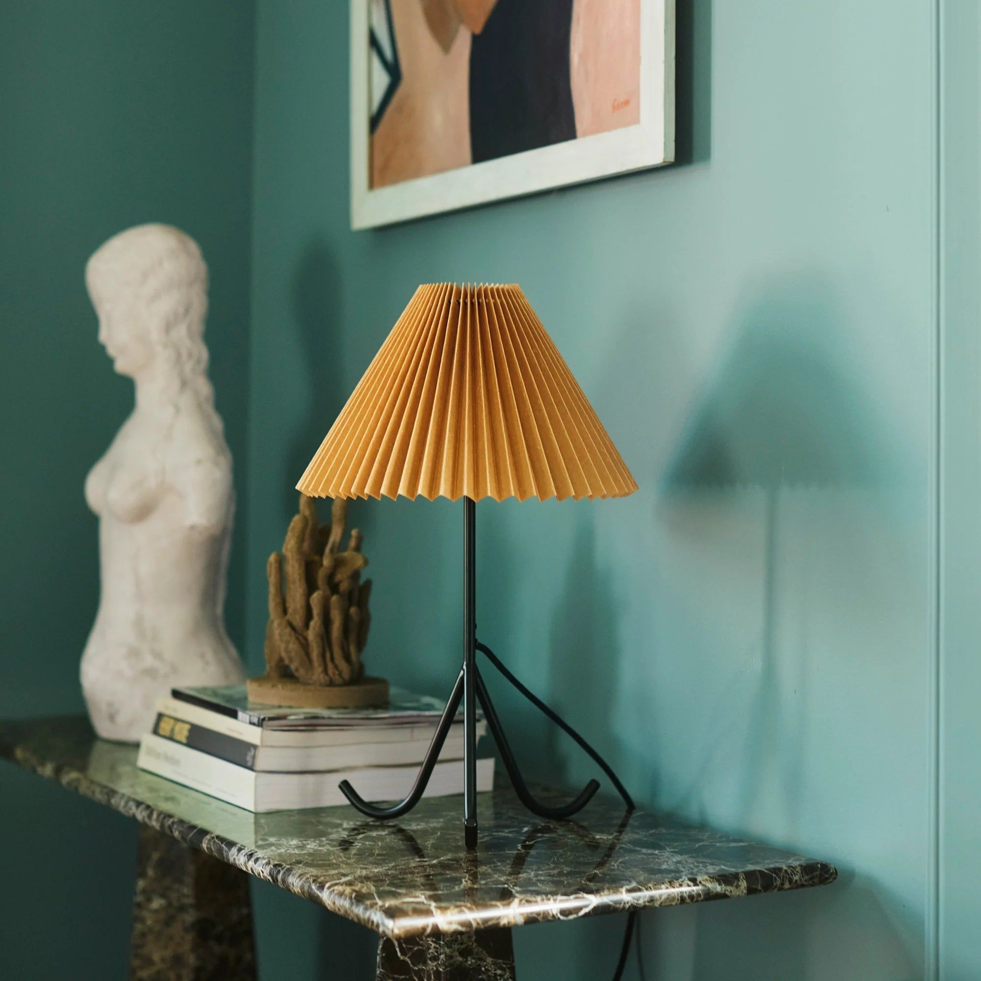 Mustard Pleated Paper Table Lamp – Black Tripod Base thumbnail 4