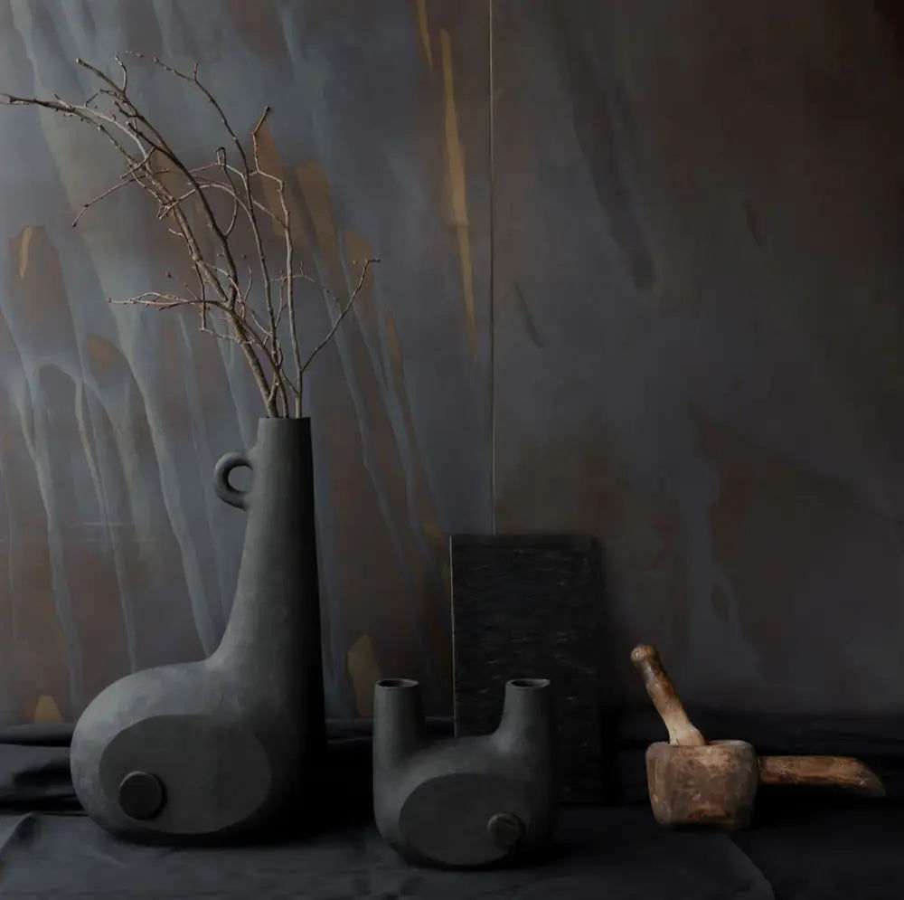 Small Sculpted Black Clay Vase – Folk Instrument-Inspired Home Decor thumbnail 2