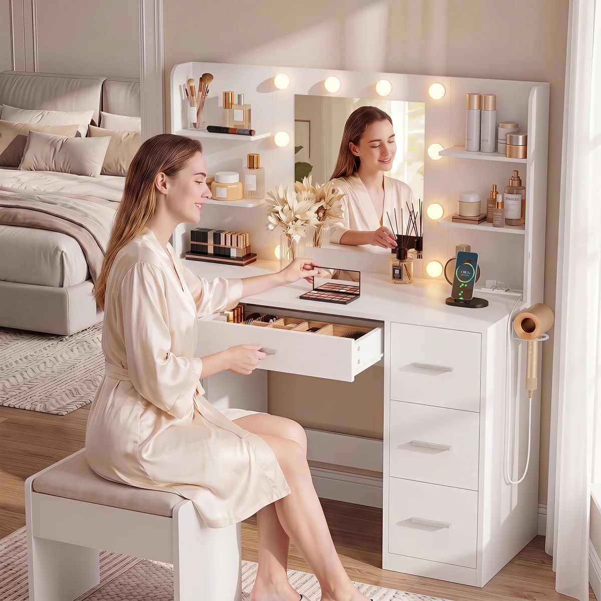 Makeup Vanity With 20W Fast Charging Type-C Outlet And 3 Modes Adjustable Brightness Light（Without Vanity Stool ） thumbnail 3