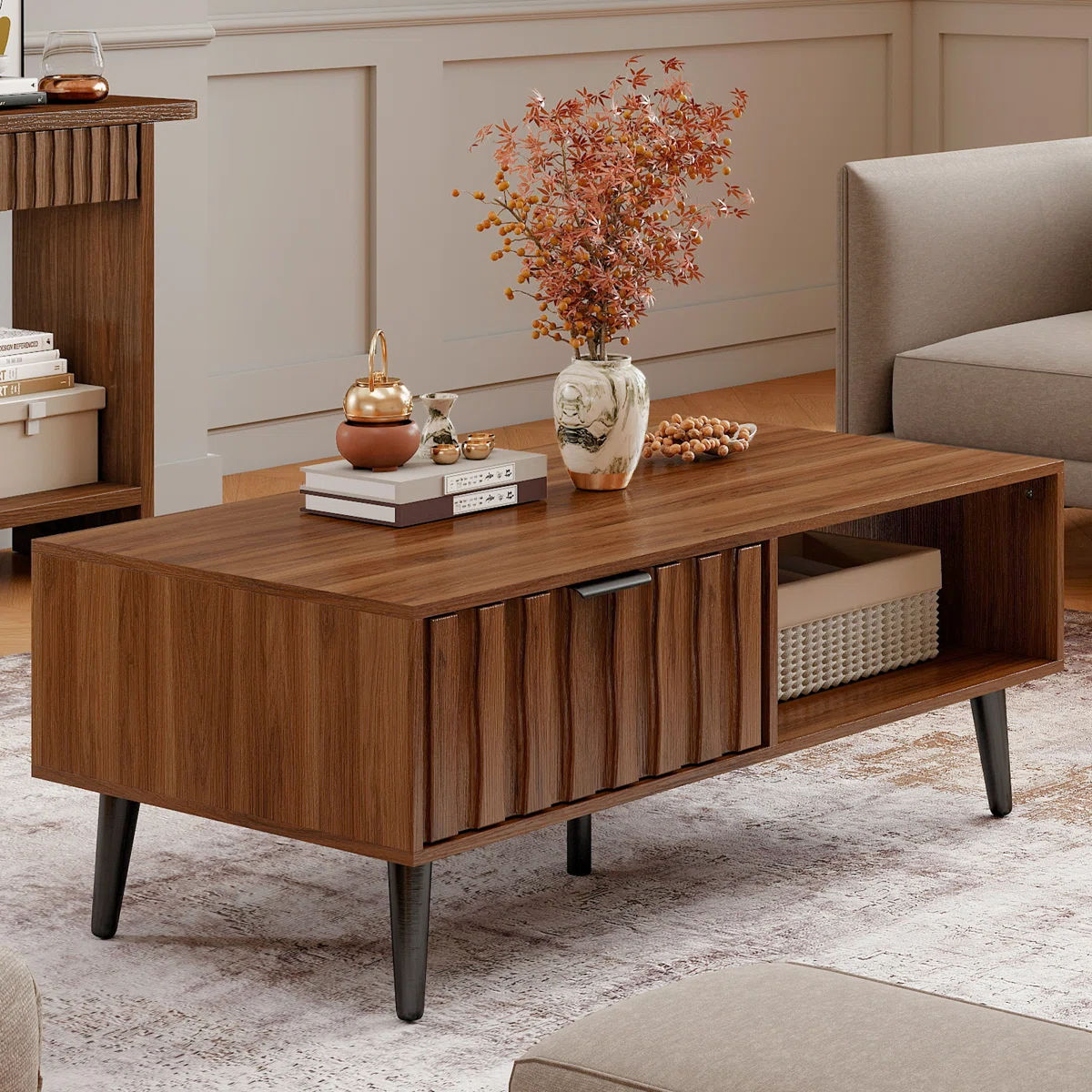 Caya 47.2" Coffee Table with 2 Fluted Drawers and Solid Wood Legs thumbnail 2