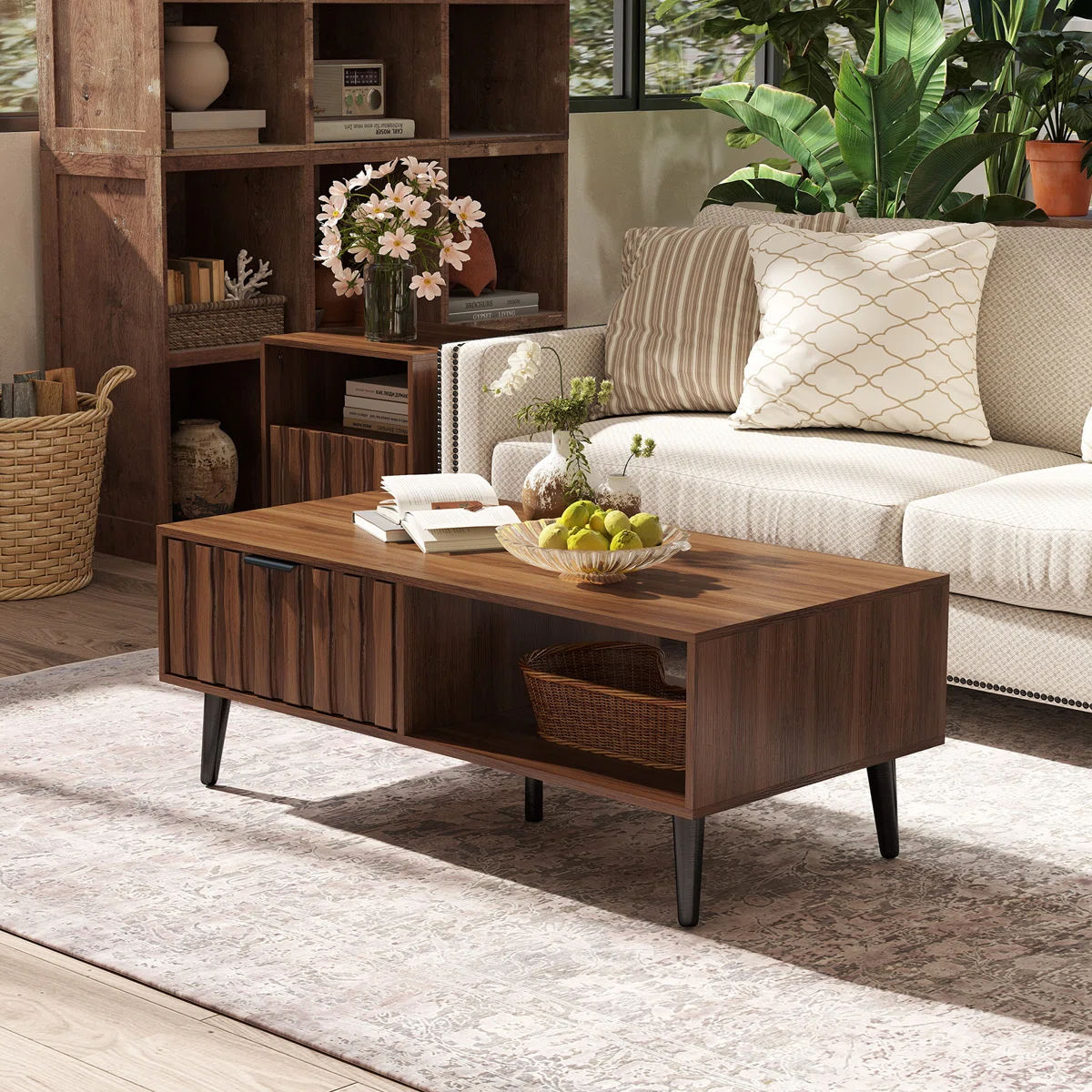 Caya 47.2" Coffee Table with 2 Fluted Drawers and Solid Wood Legs thumbnail 3