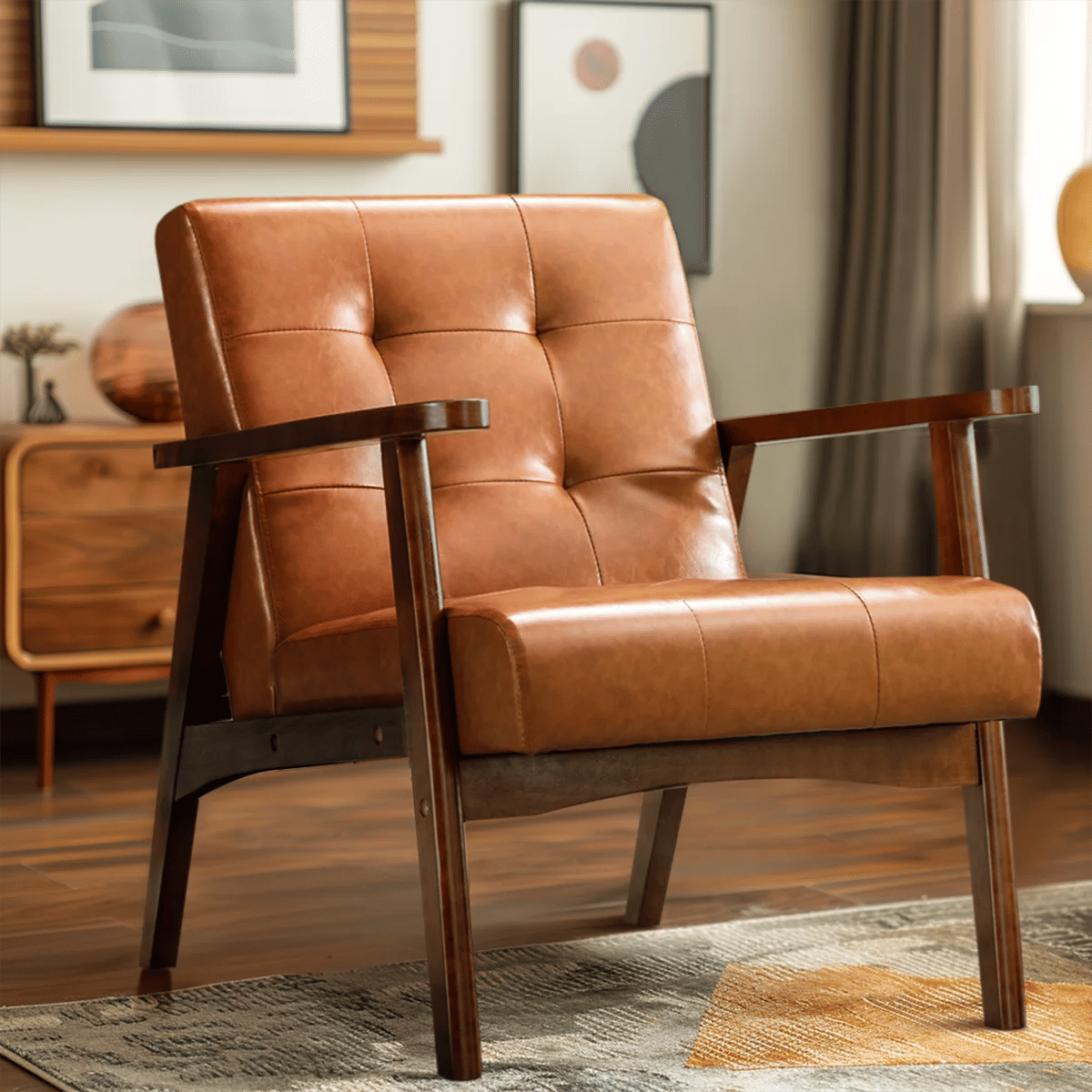 Havva 21.65'' Wide Tufted Artificial Leather Mid-Century Modern Armchair thumbnail 4