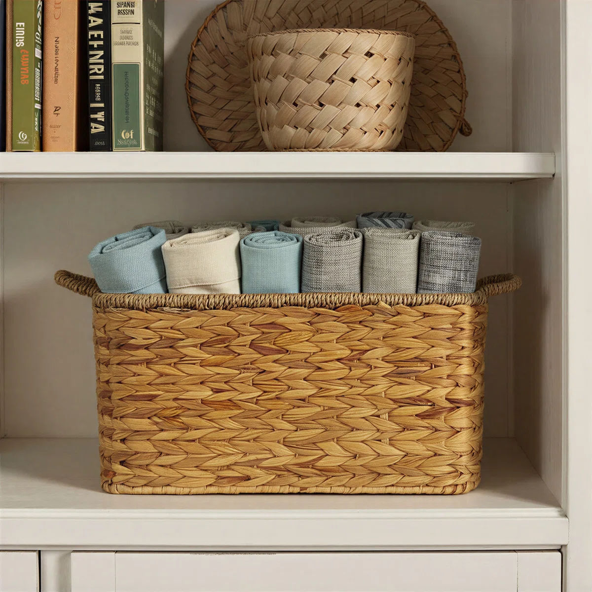 Clarabel Rectangular Handwoven Water Hyacinth and Seagrass Basket with Handles, Natural thumbnail 2