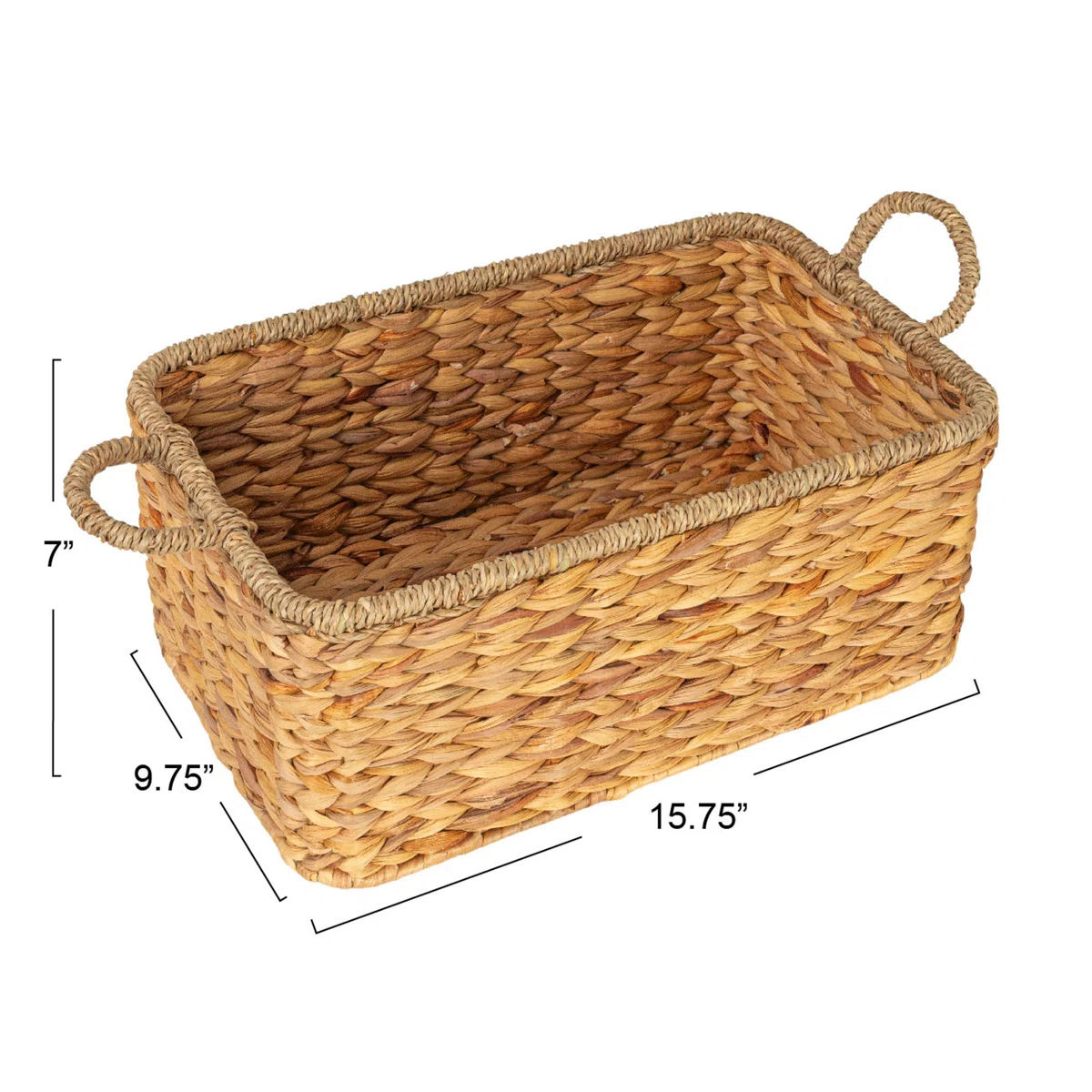 Clarabel Rectangular Handwoven Water Hyacinth and Seagrass Basket with Handles, Natural thumbnail 5