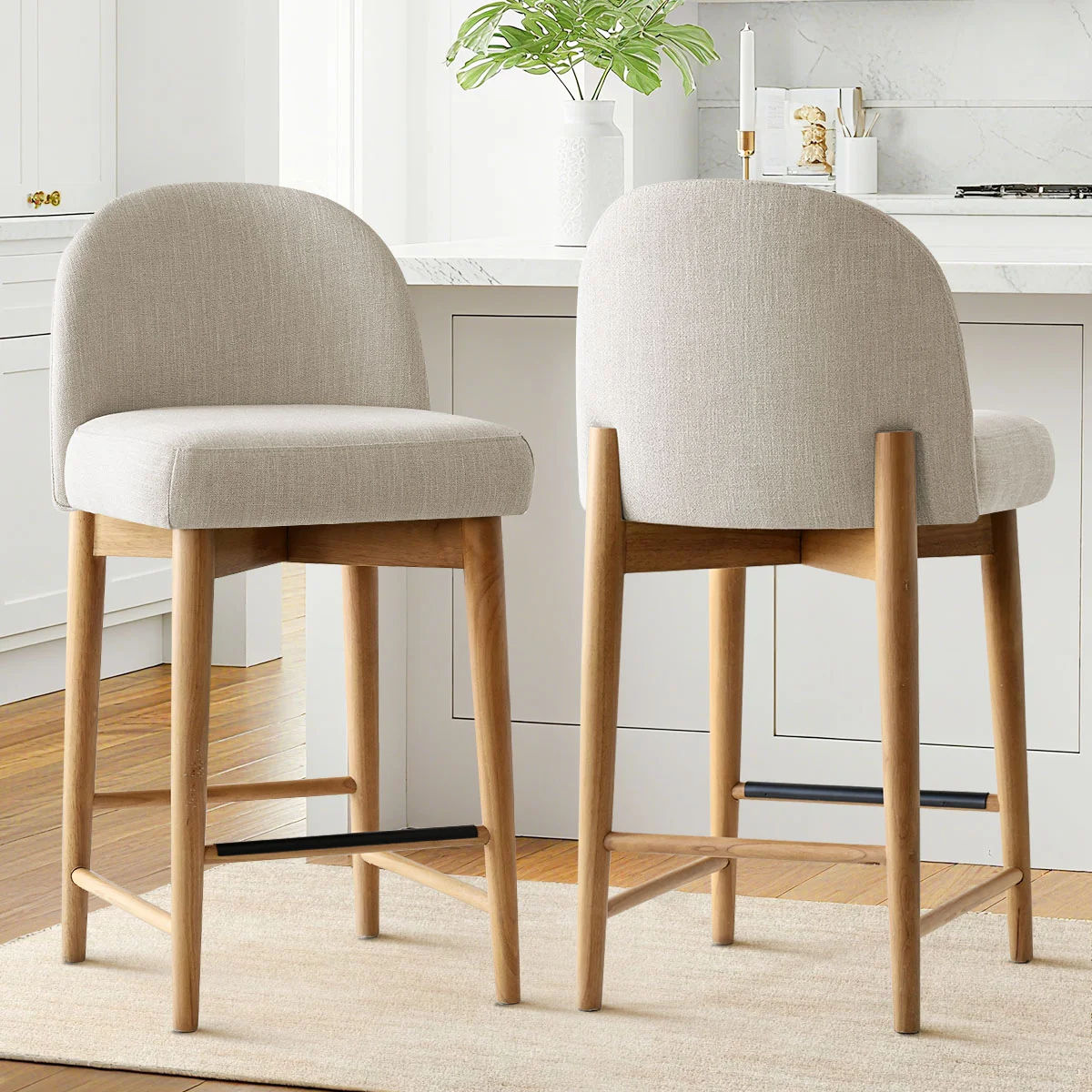 Upholstered Linen Blend Counter Stools with Solid Wood Legs (Set of 2) thumbnail 5