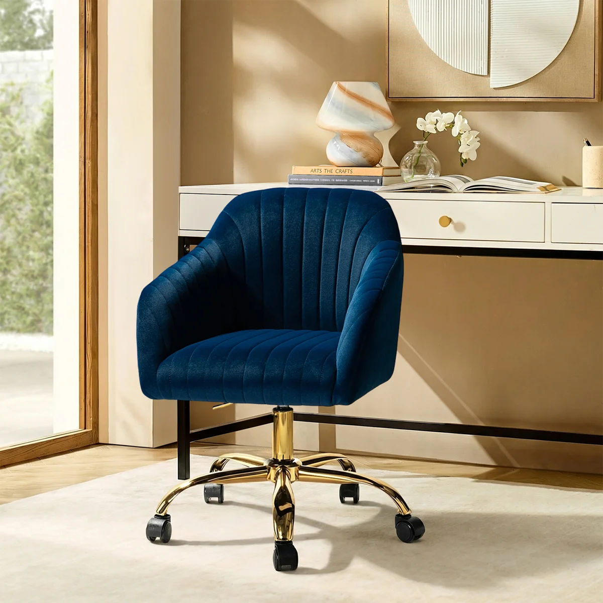Adan Modern Velvet Task Chair with Wood Frame and Back — view 1