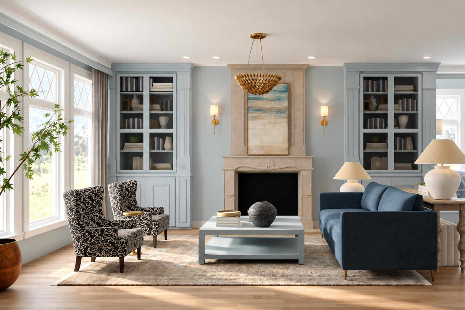 A living room with a fireplace, pale blue built-in bookcases and a navy sofa, designed online by Spacejoy