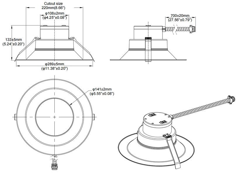 Dimensions diagram: Split Downlight 10“ 40-30-25W 120-347V 27-30-35-40-50K white frost dimmable TRIAC &amp; 0-10V