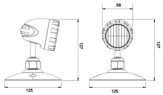 Dimensions diagram: Emergency light remote heads Singel 5W 5-24VDC