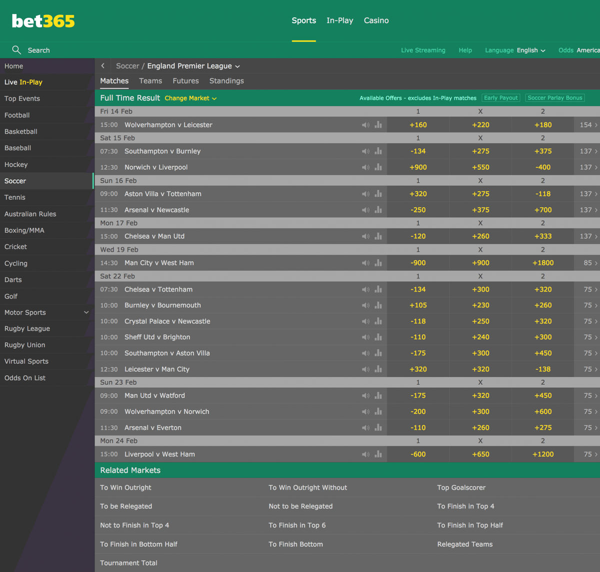 Bet365 English Premier League Markets