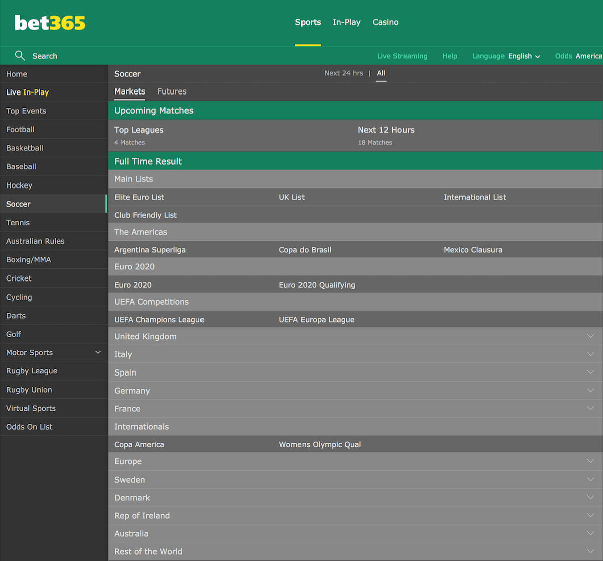 Bet365 Soccer Markets