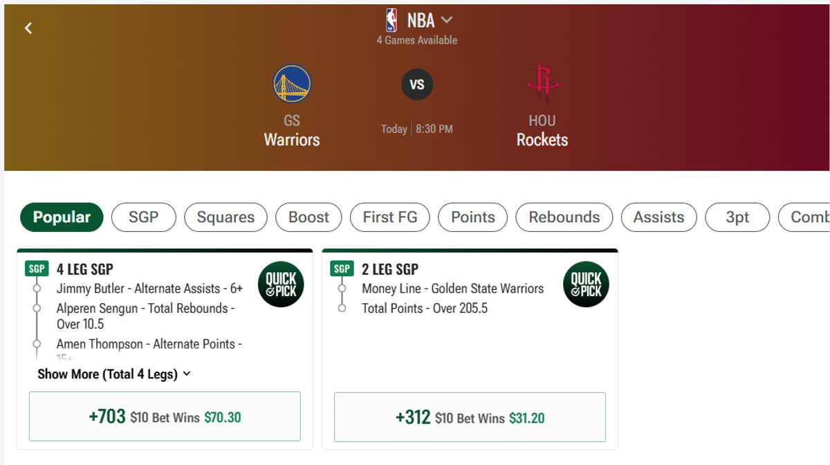 list of betting options available for an NBA game at Caesars Sportsbook