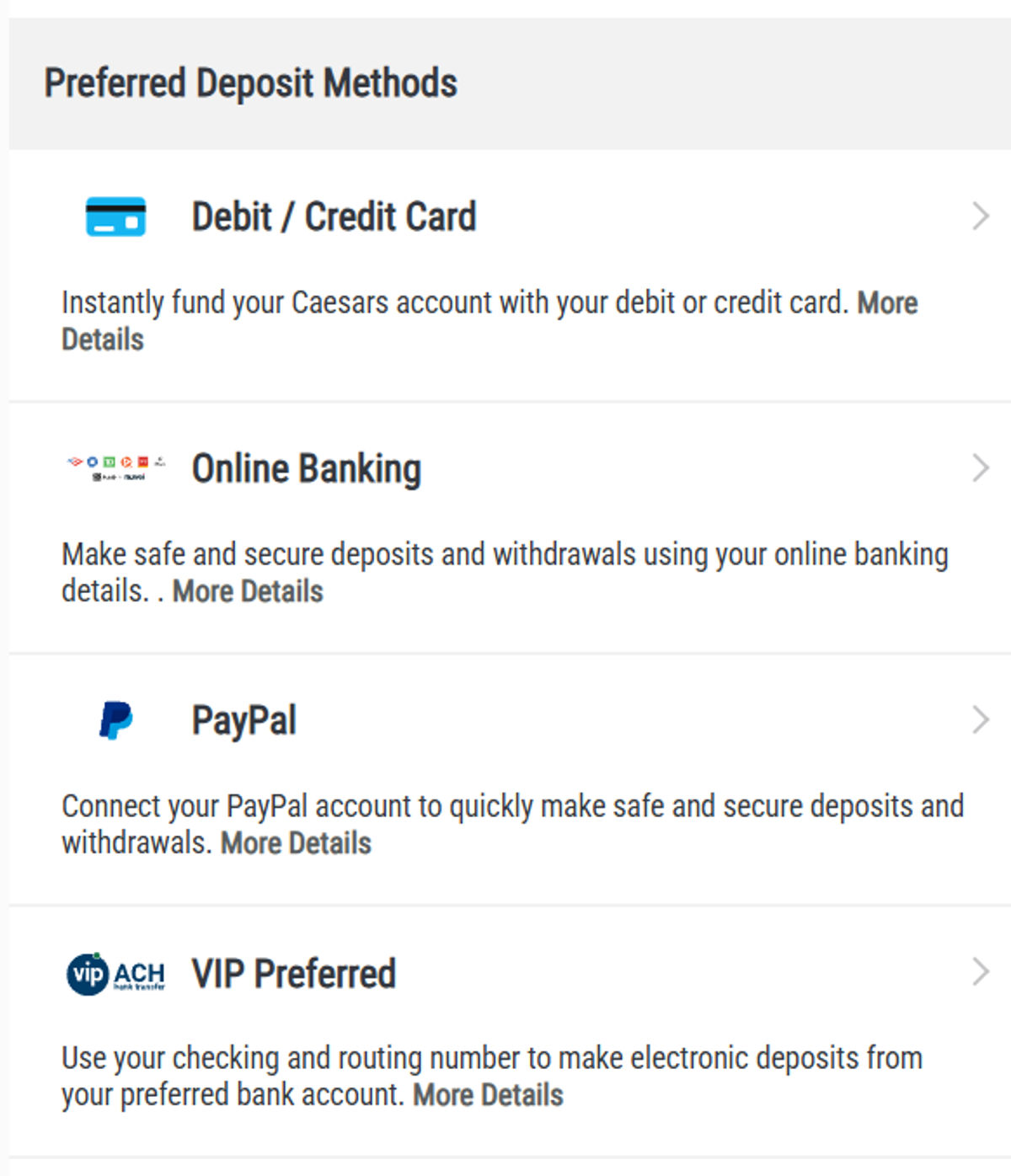 list of preferred deposit methods at Caesars Sportsbook