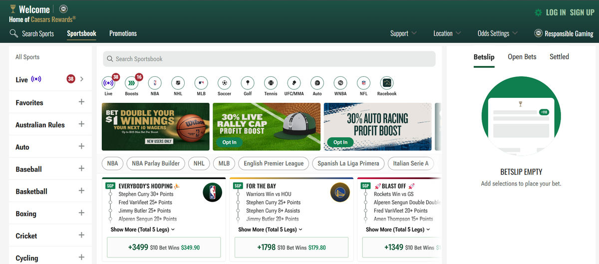 list of betting options available at Caesars Sportsbook