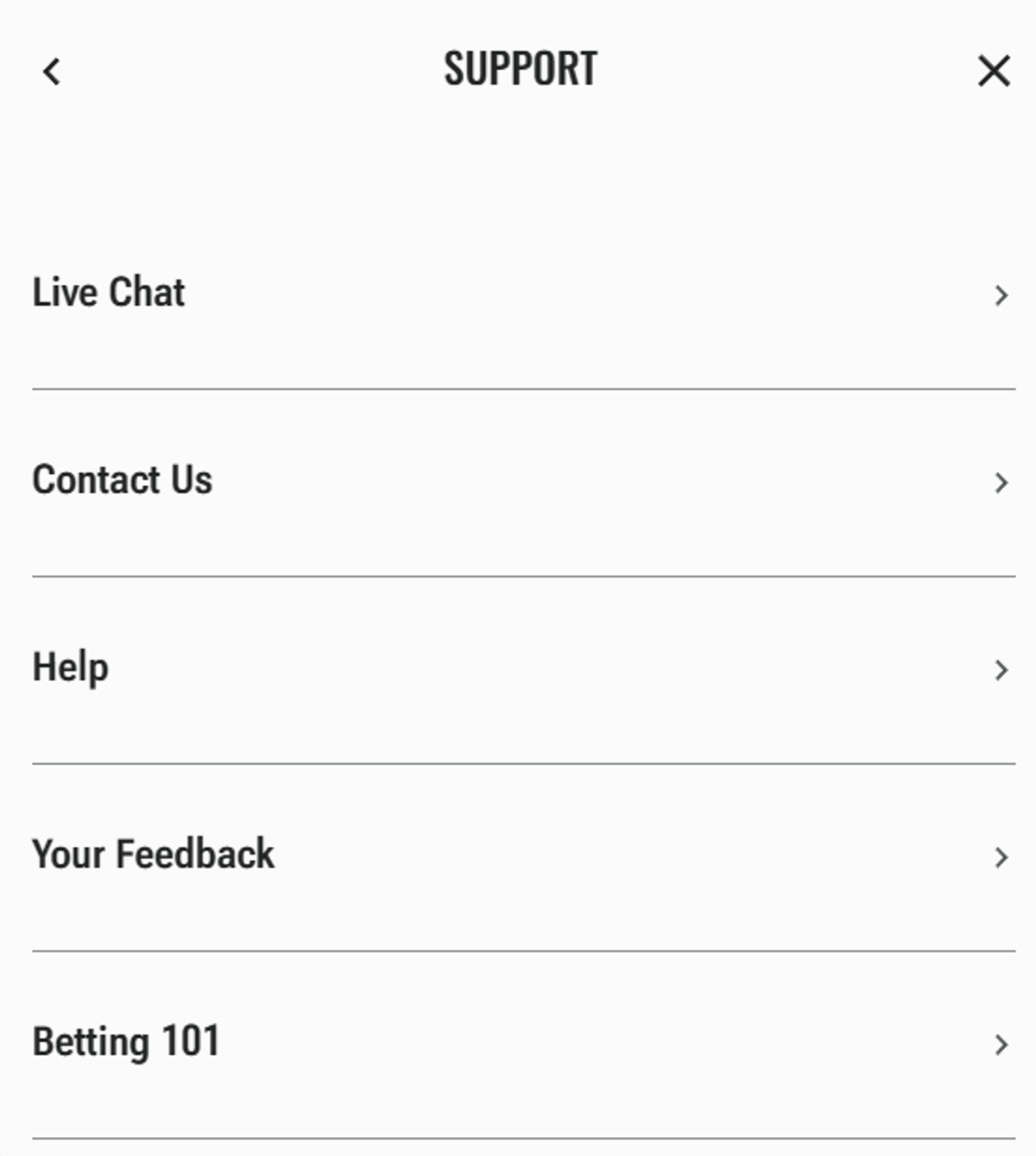list of customer service options at Caesars Sportsbook
