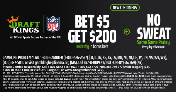 DraftKings Promo Code: Bet $5, Get $200 on NFL Week 1, CFB Week 2