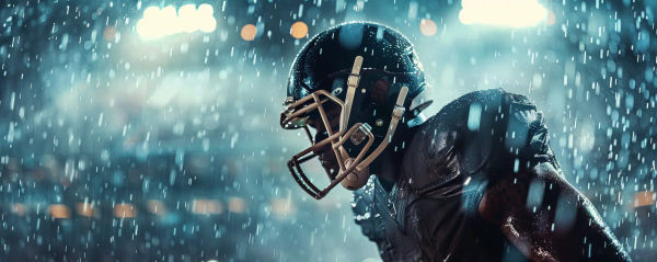 American Football Player and rain pouring down