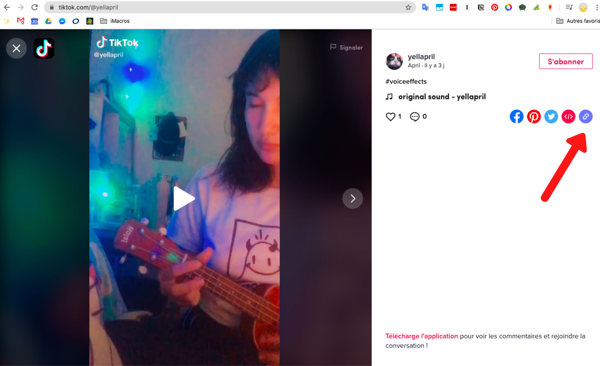 Tik Tok video with red arrow pointing to Copy Link icon