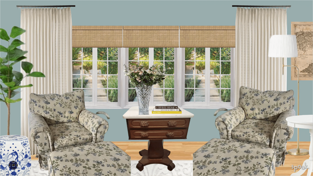 Living Room- frame fireplace window view designed by Kelly Edwards