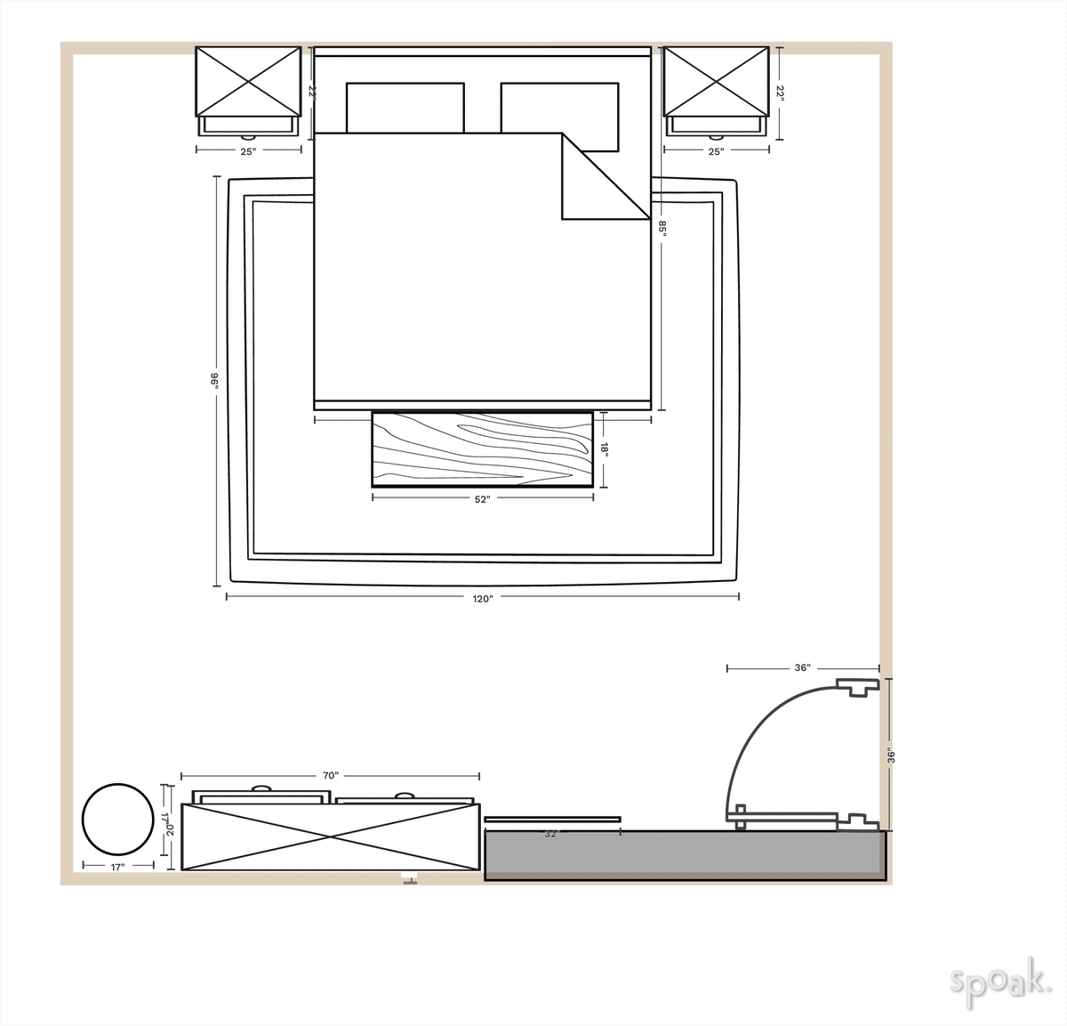 Primary Bedroom Layout designed by Sloan Hollace Hill County Interiors