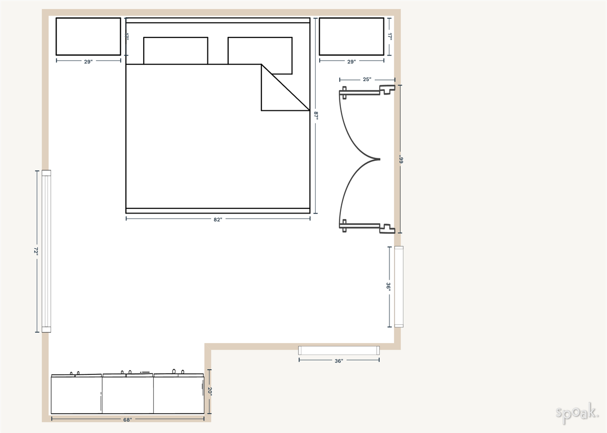 L Shaped Bedroom Plan designed by Morgan Dowling