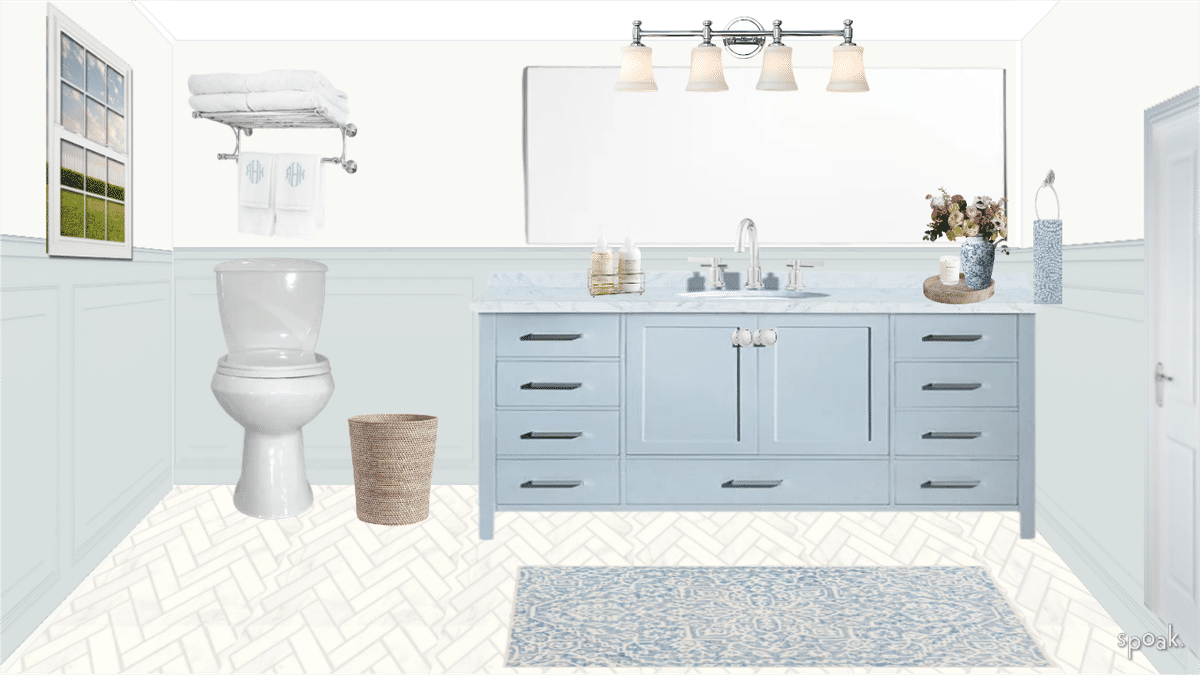 Primary Bathroom Blue Matching Wainscoting and White walls designed by Samantha Rodriguez