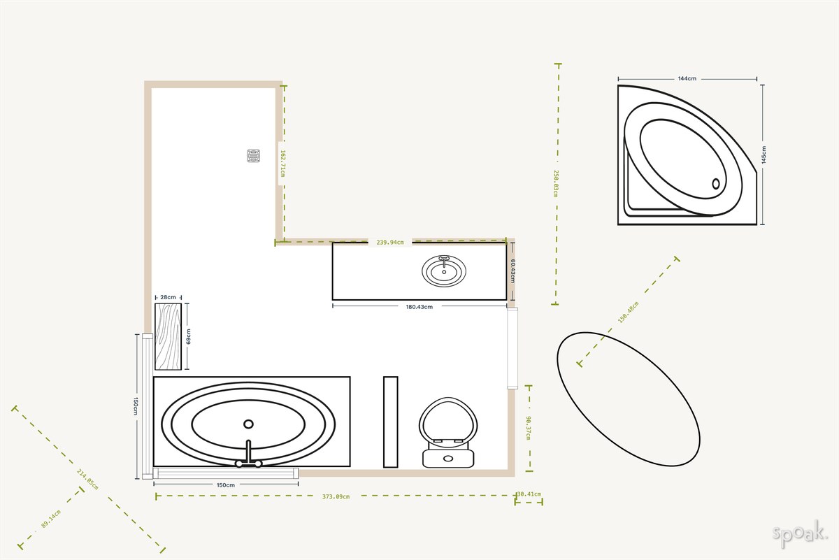 L Shaped Bathroom Floor Plan designed by Deirdre Johnson