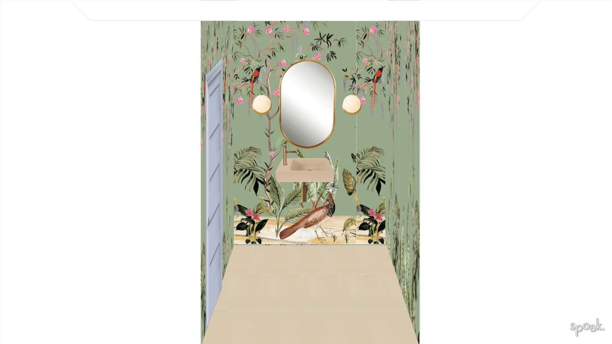 Powder Room (walnut Peace Garden Green, PB Mirror, WE Sconce) designed by Mary Whitmire